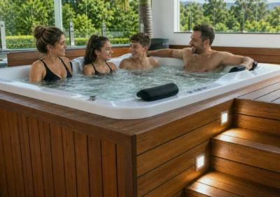 Família aproveitando momento de relaxamento em spa com deck