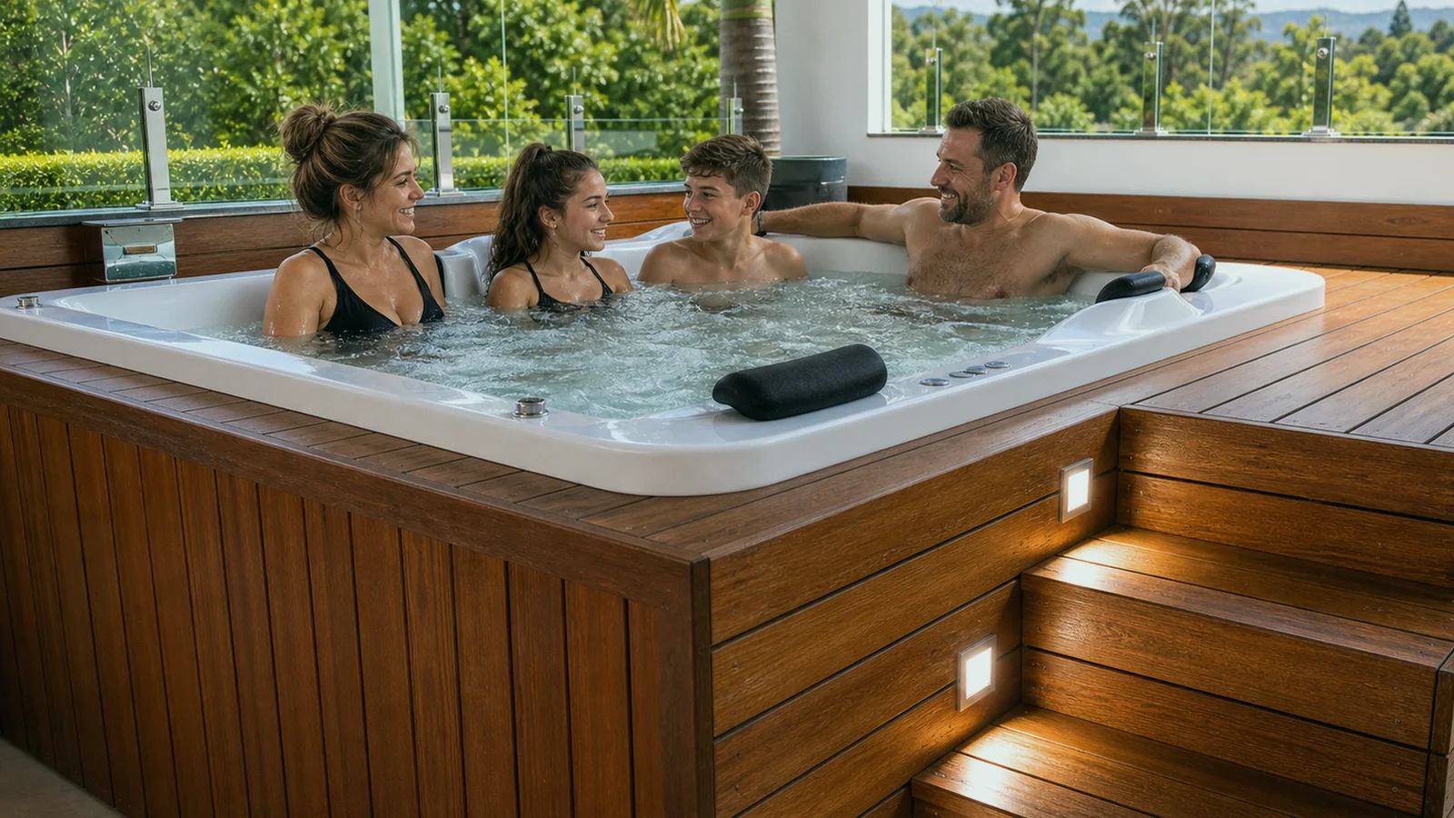Família aproveitando momento de relaxamento em spa com deck