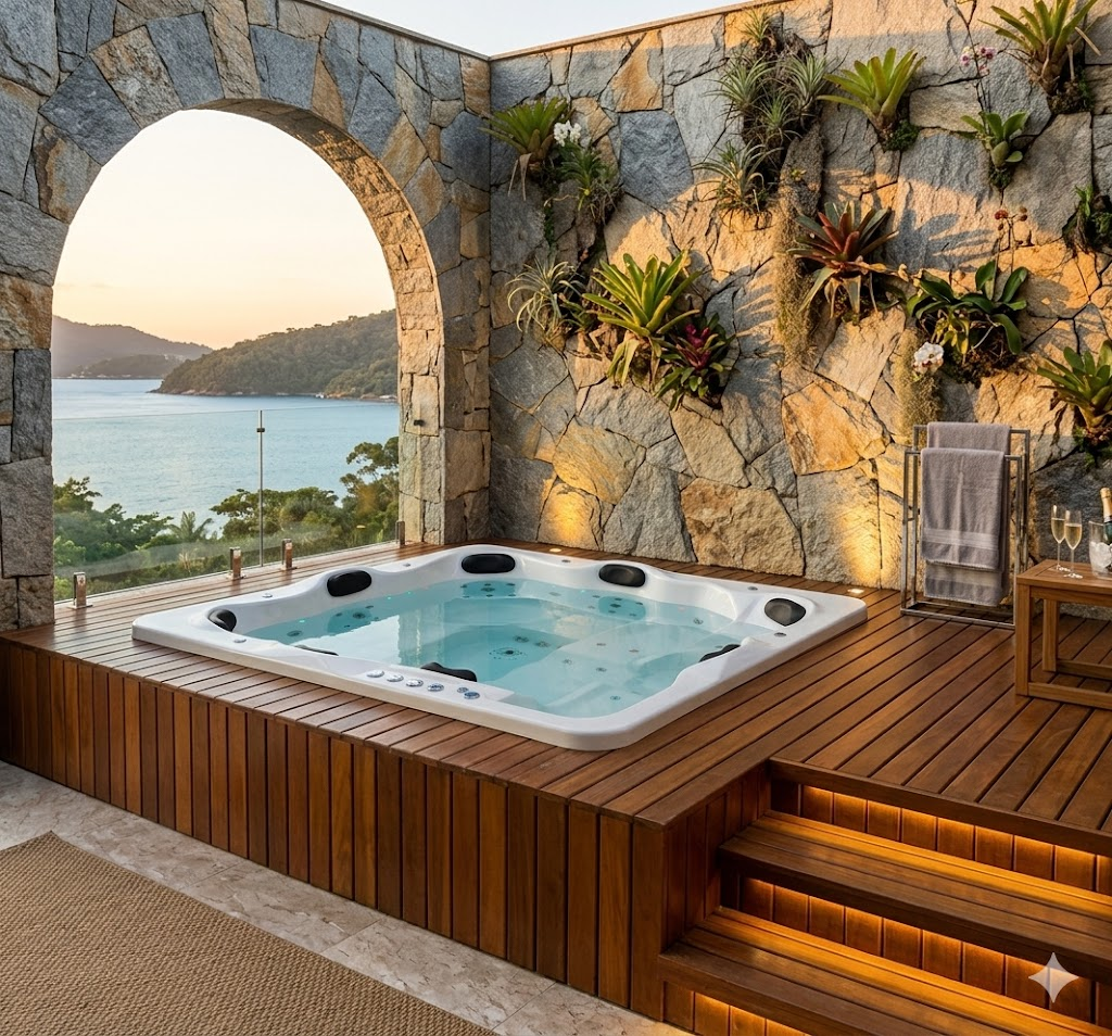 Deck de madeira com SPA instalado em área de lazer