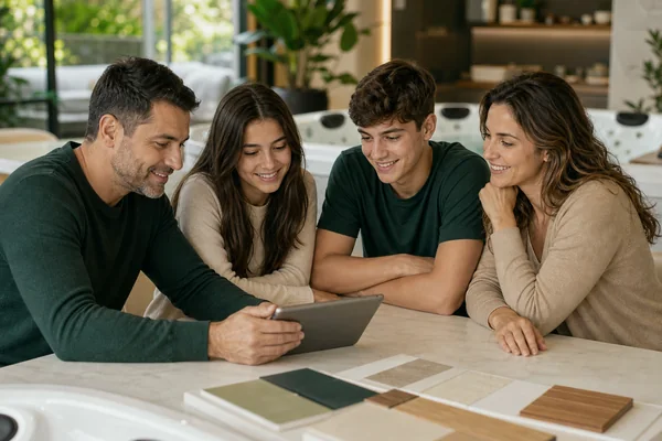 Família escolhendo modelo de banheira para área de relaxamento