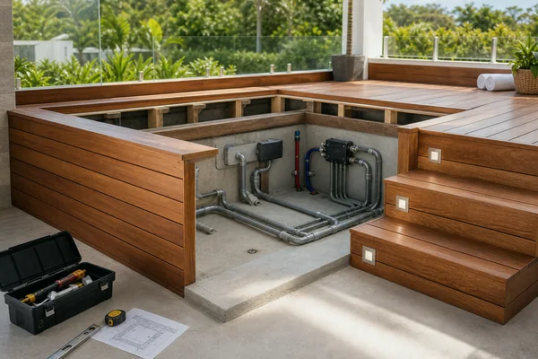 Preparação de espaço com deck e infraestrutura para banheira