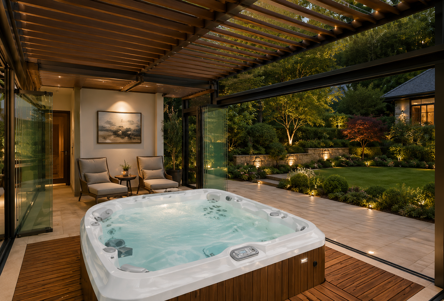 Área de lazer com deck, SPA e pergolado