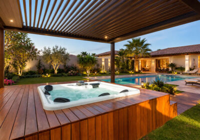 Deck e pergolado em area de hidromassagem residencial